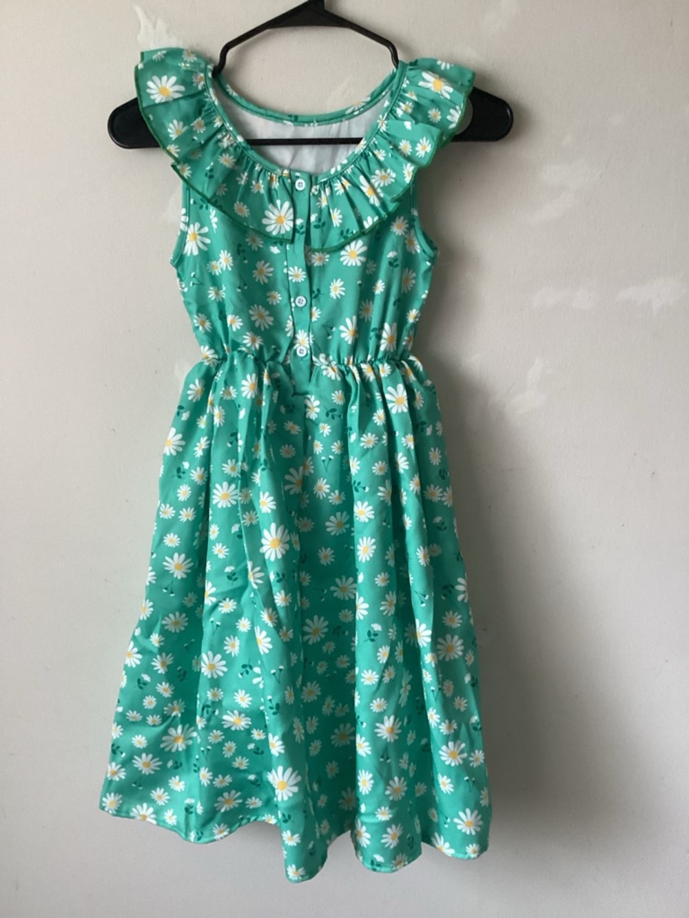 Unbranded Girls' Floral Ruffle Neck Dress - Green Daisy Print